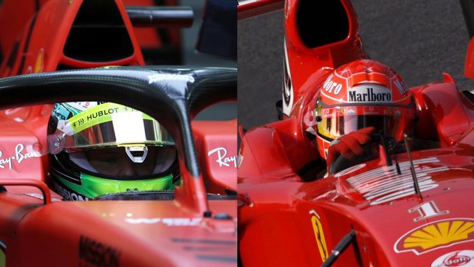 Mick Schumacher (vlevo) se v úterý vydal ve šlépějích svého otce Michaela a v Sáchiru otestoval monopost formule 1 Ferrari.