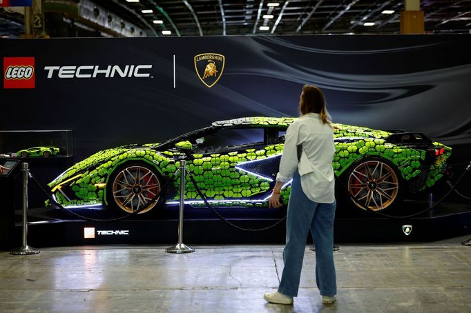 A life-sized Lamborghini Sian FKP 37 car made with Lego is seen at 2022 Paris Auto Show, France October 17, 2022. REUTERS/Stephane Mahe