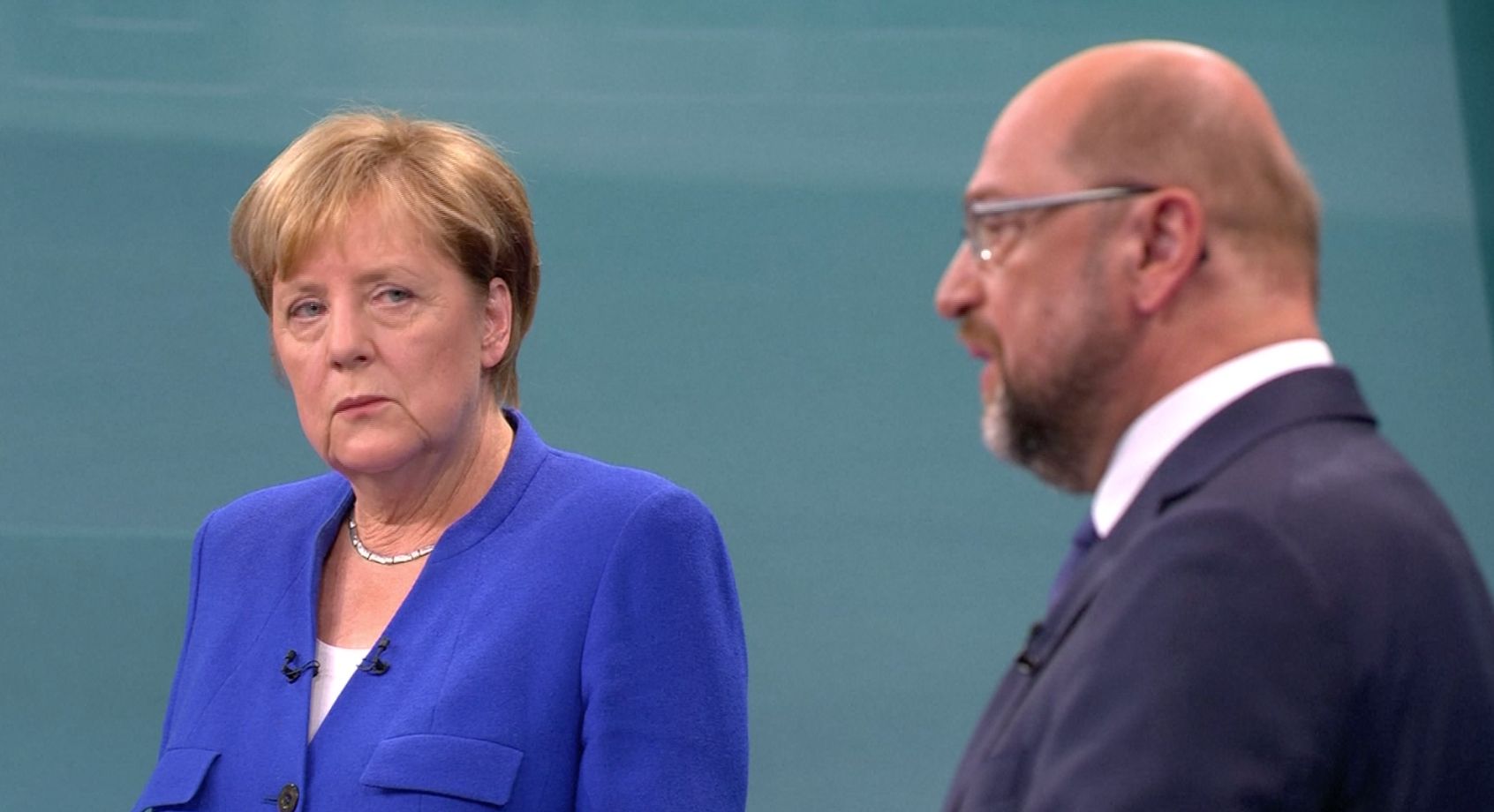 Angela Merkelová a Martin Schulz při jediném duelu před německými volbami.