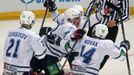 Hokejisté Dynama Moskva (zleva) Konstantin Gorovikov, Alexandr Ovečkin a Filip Novák slaví gól v utkání KHL 2012/13 proti Lvu Praha.