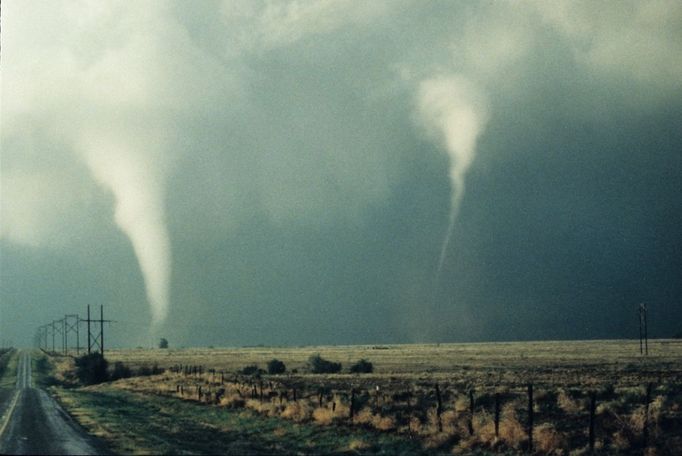 A rare photograph of two tornadoes over the Great Plains. United States, Western. Credit: NOAA Legacy Photo; OAR/ERL/Wave Propagation Laboratory.