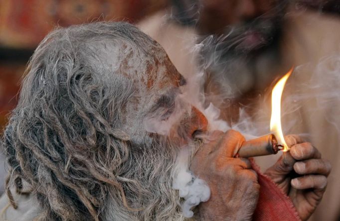 Hinduistický asketa kouří marihuanu před chrámem Bhavnath v Junagadhu, v západoindickém státě Gujarat.