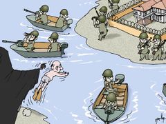 Karikaturista exilového barmského magazínu Irrawaddy za Yettawovým plaveckým dobrodružstvím tuší spíš temnou ruku barmské junty než Boží vnuknutí