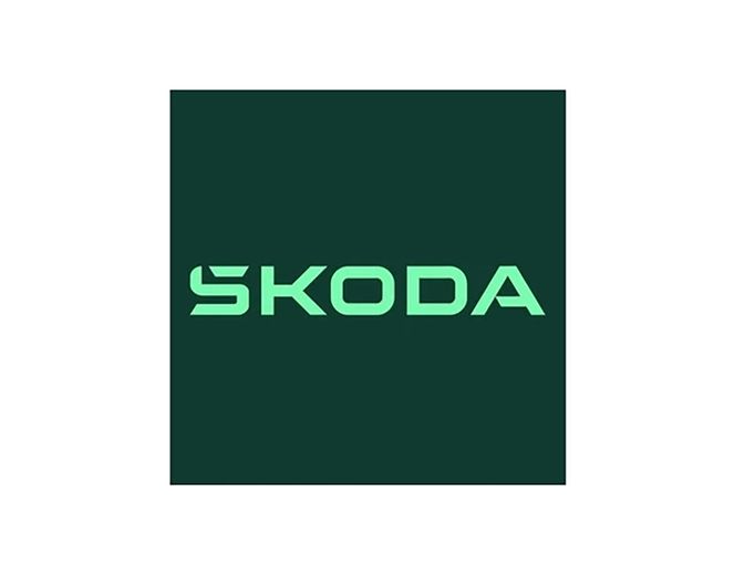 Logo společnosti Škoda Auto a.s. v roce 2024. Ilustrační koláž.