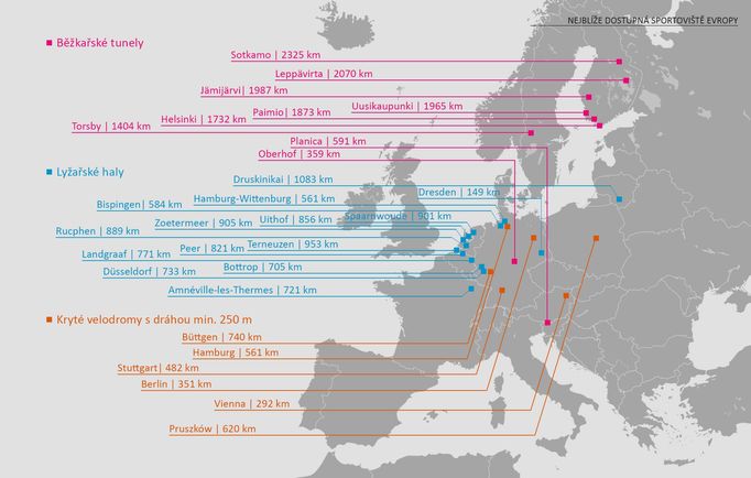 Mapa krytých lyžařských hal, běžkařských tunelů a velodromů v okolních evropských zemích.