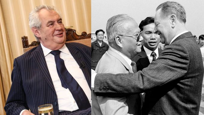 Vlevo Miloš Zeman. Vpravo archivní fotografie z návštěvy Miloše Jakeše v Laosu.