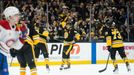 David Pastrňák slaví gól při zápase Bostonu proti Montrealu v NHL.