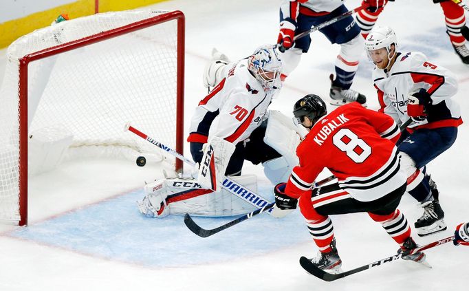 Oct 20, 2019; Chicago, IL, USA; Chicago Blackhawks left wing Dominik Kubalík (8) scores against Washington Capitals goaltender Braden Holtby (70) during the third period