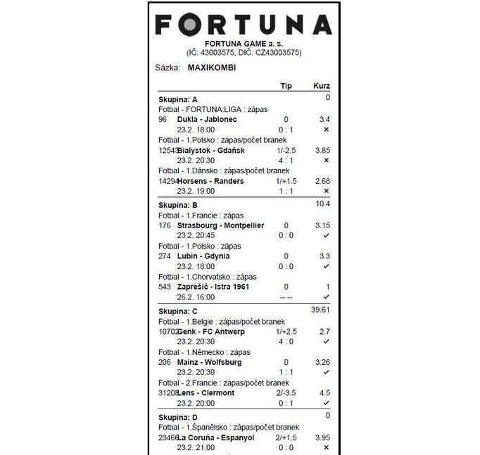 Asi nejlepší kombík, kde se chyby chovají jak mají, zůstávají v jedné skupině. Výhra 1,6 milionu za 50 korun vsazených.