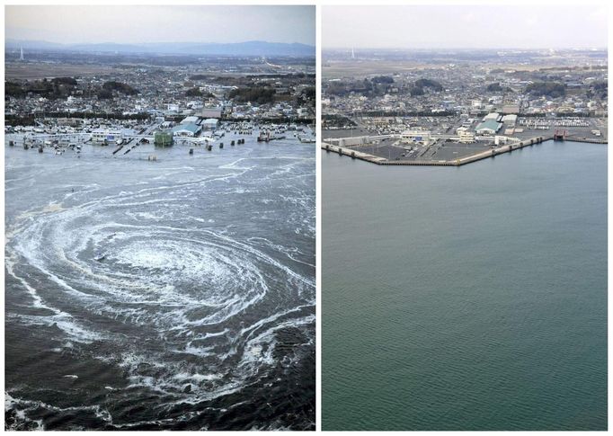 Vír způsobený vlnou tsunami je vidět u břehů města Oarai, v prefektuře Ibaraki 11. března 2011 (vlevo) a stejná lokalita o rok později – 3. března 2012.