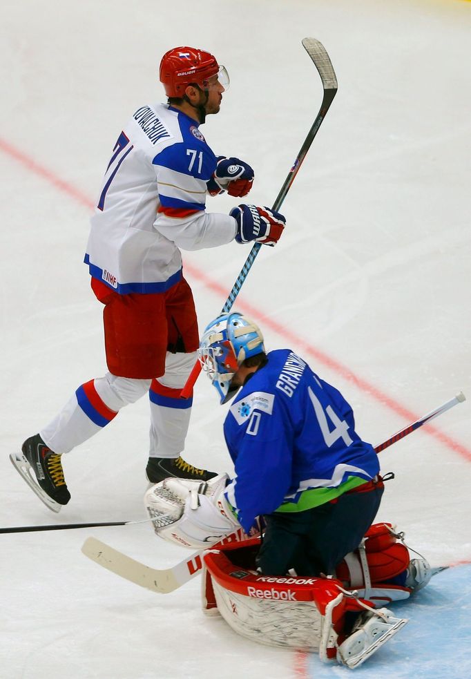 Russia's Ilya Kovalchuk celebrates his goal against Slovenia's goaltender Luka Gracnar during their Ice Hockey World Championship game at the CEZ arena in Ostrava, Czech