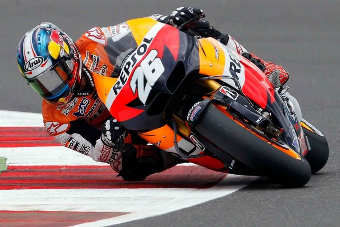 Španělský motocyklový jezdec Hondy, Dani Pedrosa v kategorii MotoGP na Grand Prix Velké Británie 2012.