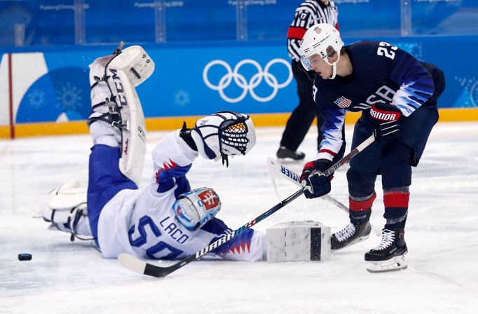 Ján Laco a Troy Terry v zápase Slovensko - USA na ZOH 2018