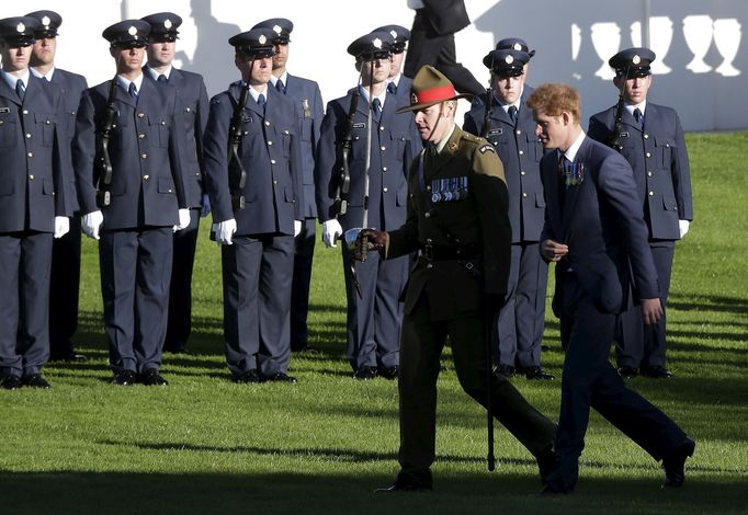 Britain's Prince Harry inspects the Guard of Honour during his official welcome at Government House in Wellington