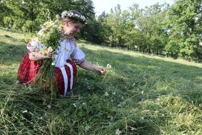 Není divu, že louka plná květin lákala dívky nejen k jejich sbírání, ale také  k vázání věnečků.