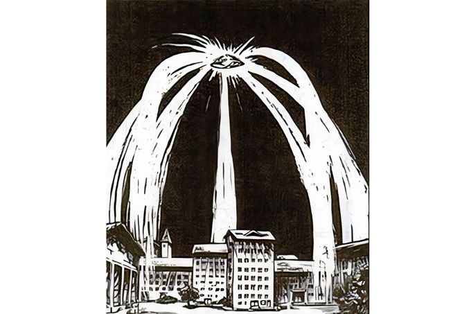 Kresba zachycuje údajný vzhled „medúzovitého“ světelného objektu nad Petrozavodskem v SSSR ráno 20. září 1977 během známého Petrozavodského fenoménu.