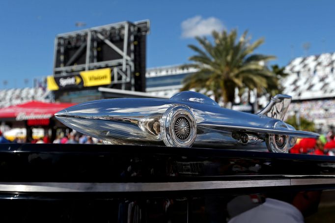 The Harley J. Earl Trophy is moved to victory lane before the Daytona 500 at Daytona International Speedway