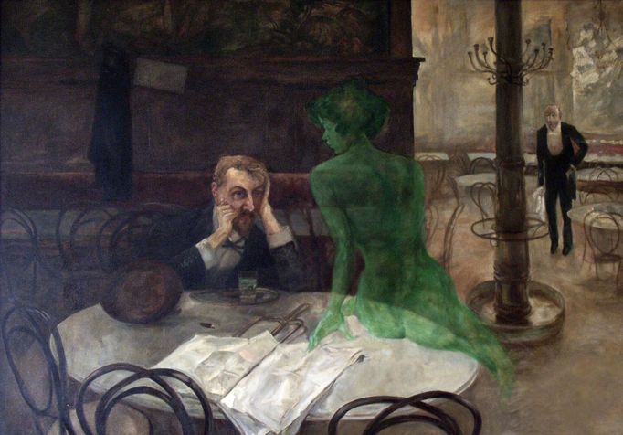 Viktor Oliva: Piják absinthu, 1901, olej na kartonu.