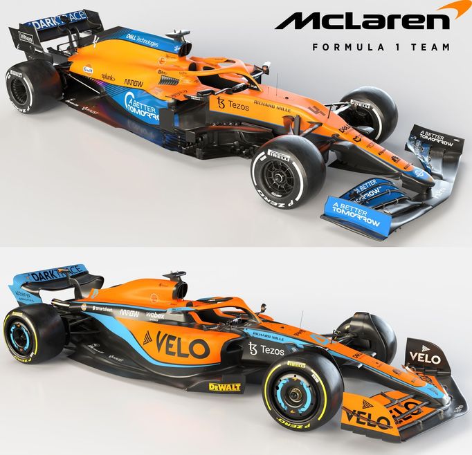 Porovnání monopostů F1 McLaren z roku 2021 (nahoře) a 2022