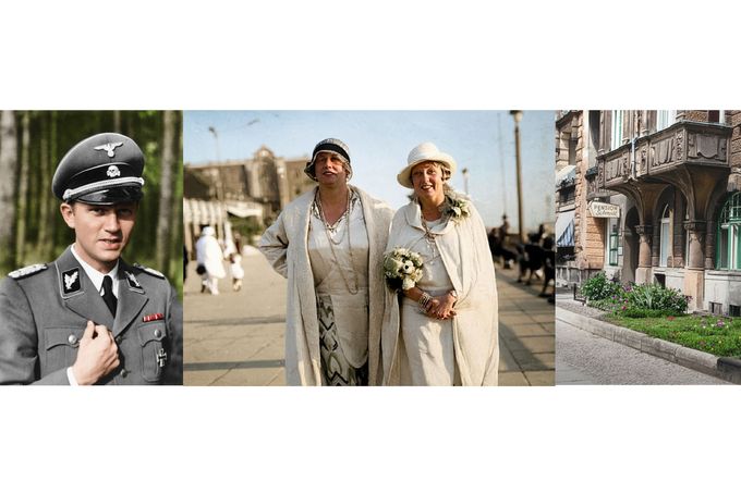 Koláž o Salonu Kitty, špionážním nevěstinci SD v Berlíně za 2. sv. války. Ukazuje šéfa operace Waltera Schellenberga, majitelku Kitty Schmidt a budovu. Kolorováno