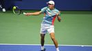 Sep 9, 2020; Flushing Meadows, New York,USA; Alex de Minaur of Australia hits a forehand against Dominic Thiem of Austria (not pictured) in a men's singles quarter-finals