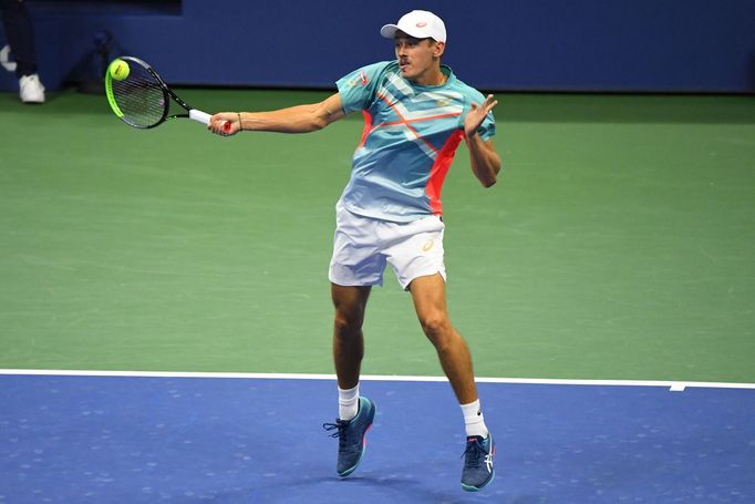 Sep 9, 2020; Flushing Meadows, New York,USA; Alex de Minaur of Australia hits a forehand against Dominic Thiem of Austria (not pictured) in a men's singles quarter-finals