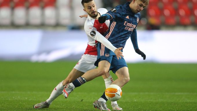 Jakub Hromada v odvetě čtvrtfinále Evropské ligy Slavia - Arsenal