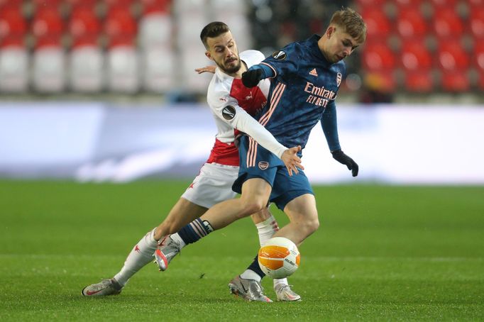 Jakub Hromada v odvetě čtvrtfinále Evropské ligy Slavia - Arsenal