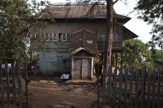 Former British colonial administration building with a covered stairway stands in the Hill Station neighbourhood of Sierra Leone's capital Freetown