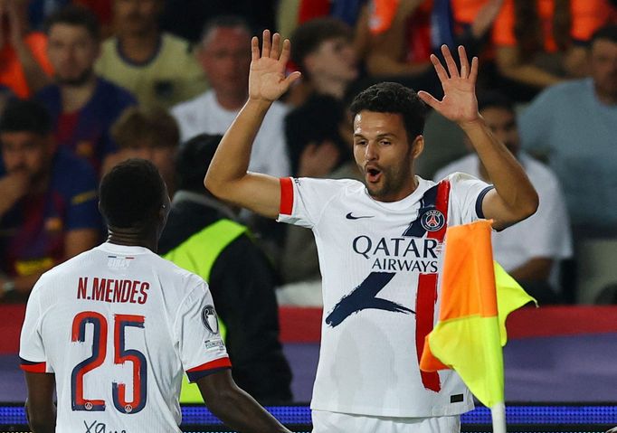 Gonçalo Ramos slaví gól v zápase LM Barcelona - PSG
