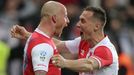 24. kolo HET ligy, Slavia - Karviná: Miroslav Stoch a Jan Bořil slaví gól na 2:1