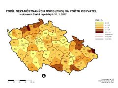 Podíl nezaměstnaných osob na počtu obyvatel v okresech ČR ke konci ledna 2017.