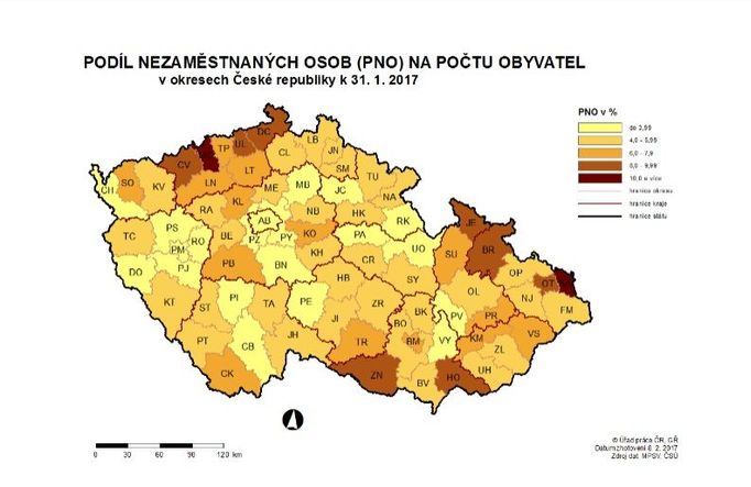 Podíl nezaměstnaných osob na počtu obyvatel v okresech ČR ke konci ledna 2017.