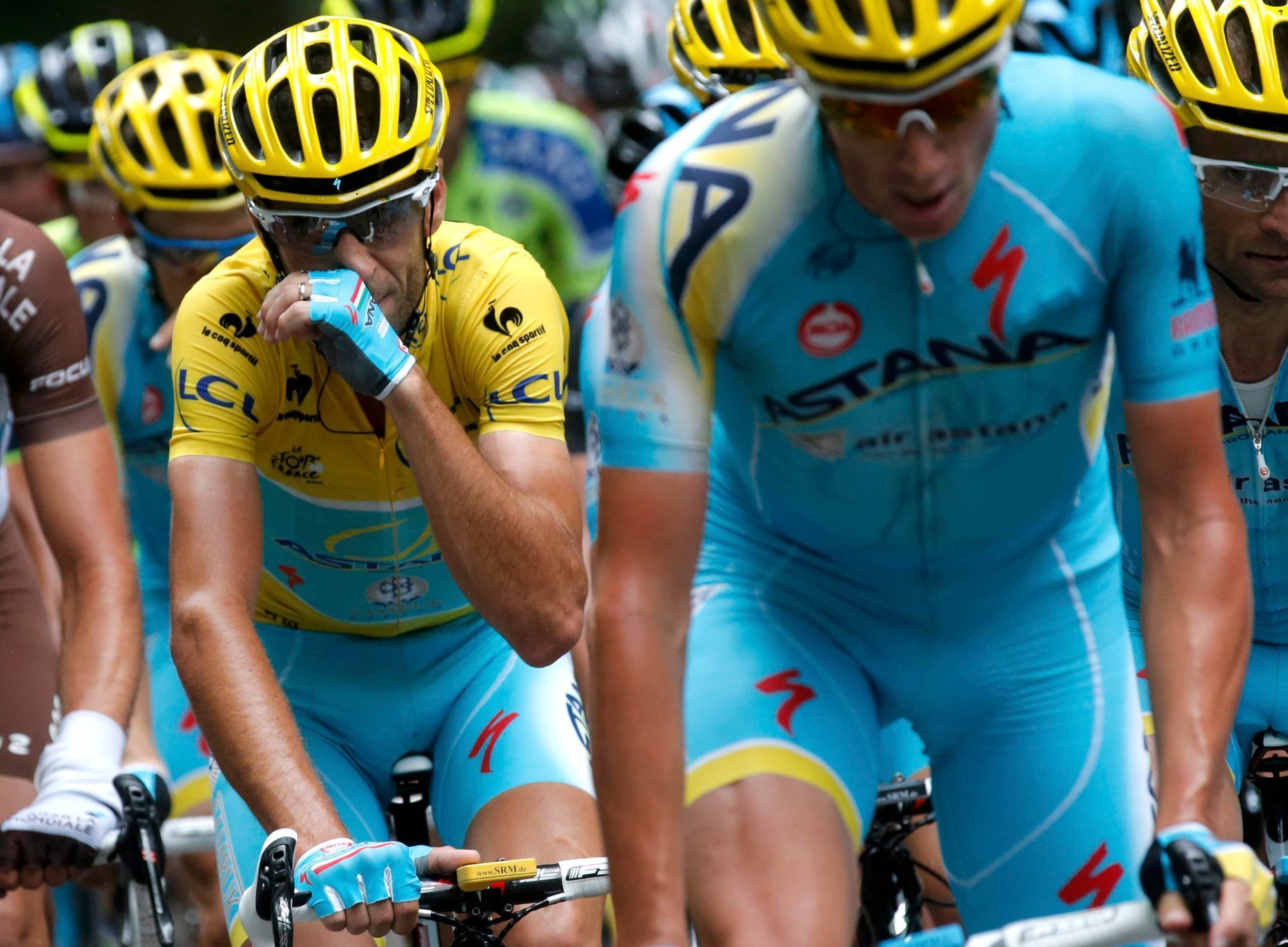 Astana team rider Nibali of Italy reacts as he cycles in the pack during the 170-km ninth stage of the Tour de France cycling race between Gerardmer and Mulhouse