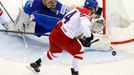 Italy's goalie Daniel Belissimo (L) saves in front of Jiri Hudler of the Czech Republic (R) during the first period of their men's ice hockey World Championship Group A g