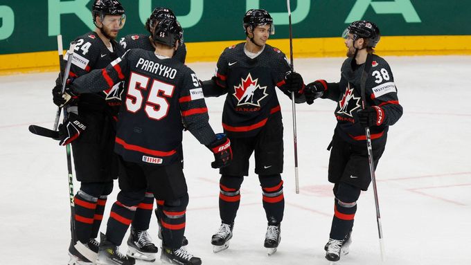 Ice Hockey - IIHF World Championships - Quarter Final - Canada v Slovakia  - Prague Arena, Prague, Czech Republic - May 23, 2024 Canada's Dylan Guenther celebrates scorin