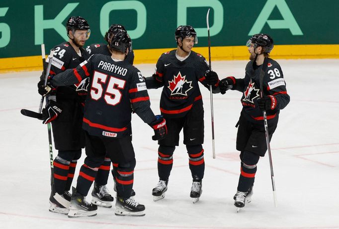 Ice Hockey - IIHF World Championships - Quarter Final - Canada v Slovakia  - Prague Arena, Prague, Czech Republic - May 23, 2024 Canada's Dylan Guenther celebrates scorin