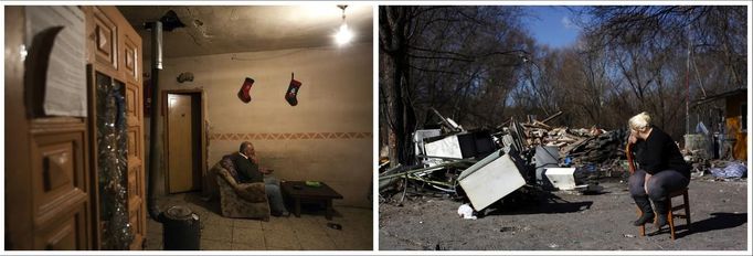 A combination photo shows Agustin Gabarri (L) watching TV at his house in Madrid's Spanish gypsy settlement of Puerta de Hierro December 20, 2011 and his daughter-in-law Covadonga Jimenez (R) looking at the remains of his home the day it was demolished February 15, 2012. Fifty-four families have been living in Puerta de Hierro, on the banks of the Manzanares river for over 50 years. Since the summer of 2010, the community has been subject to evictions on the grounds that the dwellings are illegal. Families whose houses have been demolished, move in with relatives whose houses still remain while the debris keeps piling up around them as more demolitions take place. REUTERS/Susana Vera (SPAIN - Tags: SOCIETY) ATTENTION EDITORS - PICTURE 3 OF 31 FOR PACKAGE 'GYPSY SITE DEMOLISHED' SEARCH 'GYPSY SITE' FOR ALL IMAGES Published: Lis. 5, 2012, 4:10 odp.