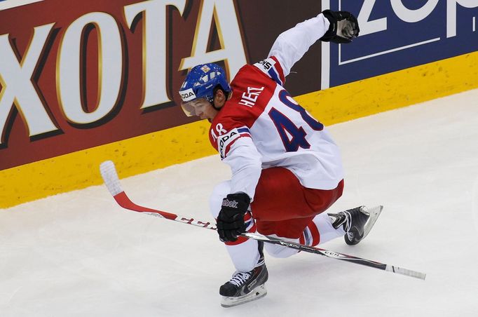 Tomas Hertl of the Czech Republic celebrates his goal against the U.S. during their men's ice hockey World Championship quarter-final game at Chizhovka Arena in Minsk May