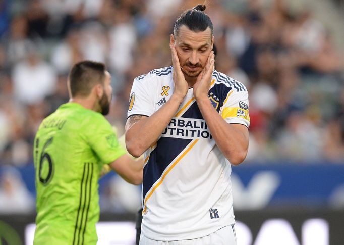 September 29, 2019; Carson, CA, USA; Los Angeles Galaxy forward Zlatan Ibrahimovic (9) reacts during the 4-3 loss against the Vancouver Whitecaps at StubHub Center. Manda