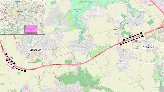 Měřit rychlost se bude jak u Jesenice, tak Modletic, a to v obou směrech. Je zde povoleno jet 100 km/h.