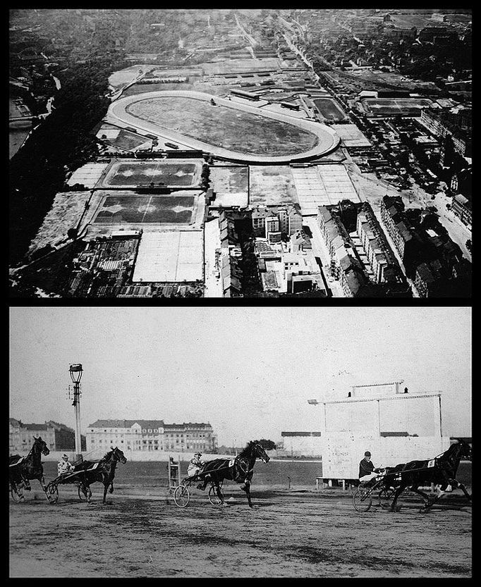 Od konce 19. století sloužila Letná jako vojenské cvičiště a sportovní areál. Od roku 1893 zde měla stadion Slavie Praha. Teprve poté, co jí v roce 1945 vyhořela tribuna, se odstěhovala do Vršovic. Konkureční Sparta s ní sdílela prostor také už od počátku století. Letná byla kromě toho proslulá tím, že se zde k prvním pokusům odhodlávali akrobatičtí letci. Na jejich kousky i pády chodila na Letnou celá Praha. Na snímku je pohled na Letnou z 30. letech 20. století, kdy na ní vyrostl velký klusácký stadion.