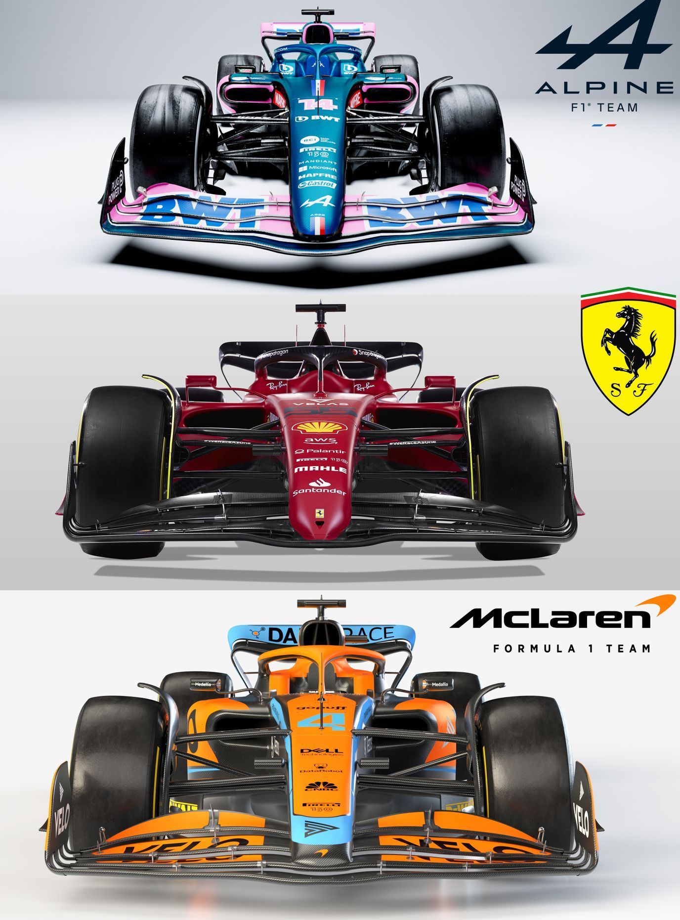 Porovnání monopostů F1 Alpine, Ferrari a McLaren pro letošní sezonu