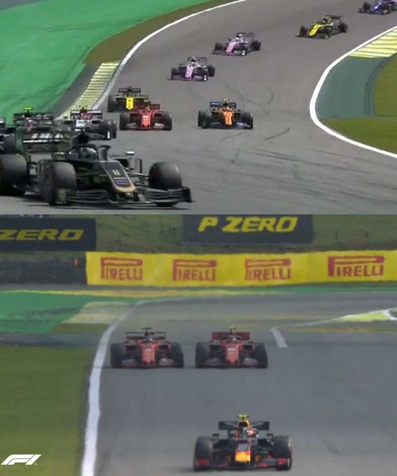 Porovnání, kolik nechal místa Norris Leclercovi (nahoře), a kolik Leclerc Vettelovi.