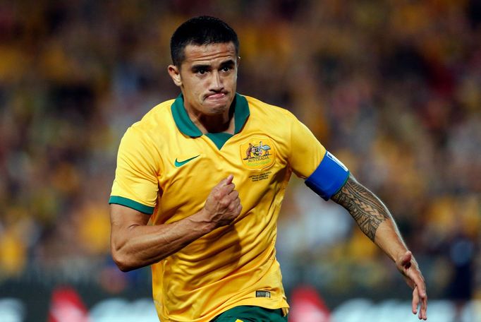 Tim Cahill slaví branku Austrálie v přípravě před MS 2014