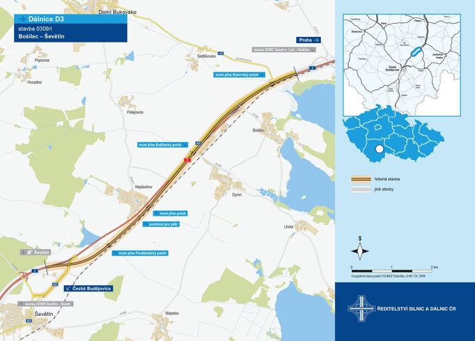 Mapa dálnice D3 Bošilec - Ševetín