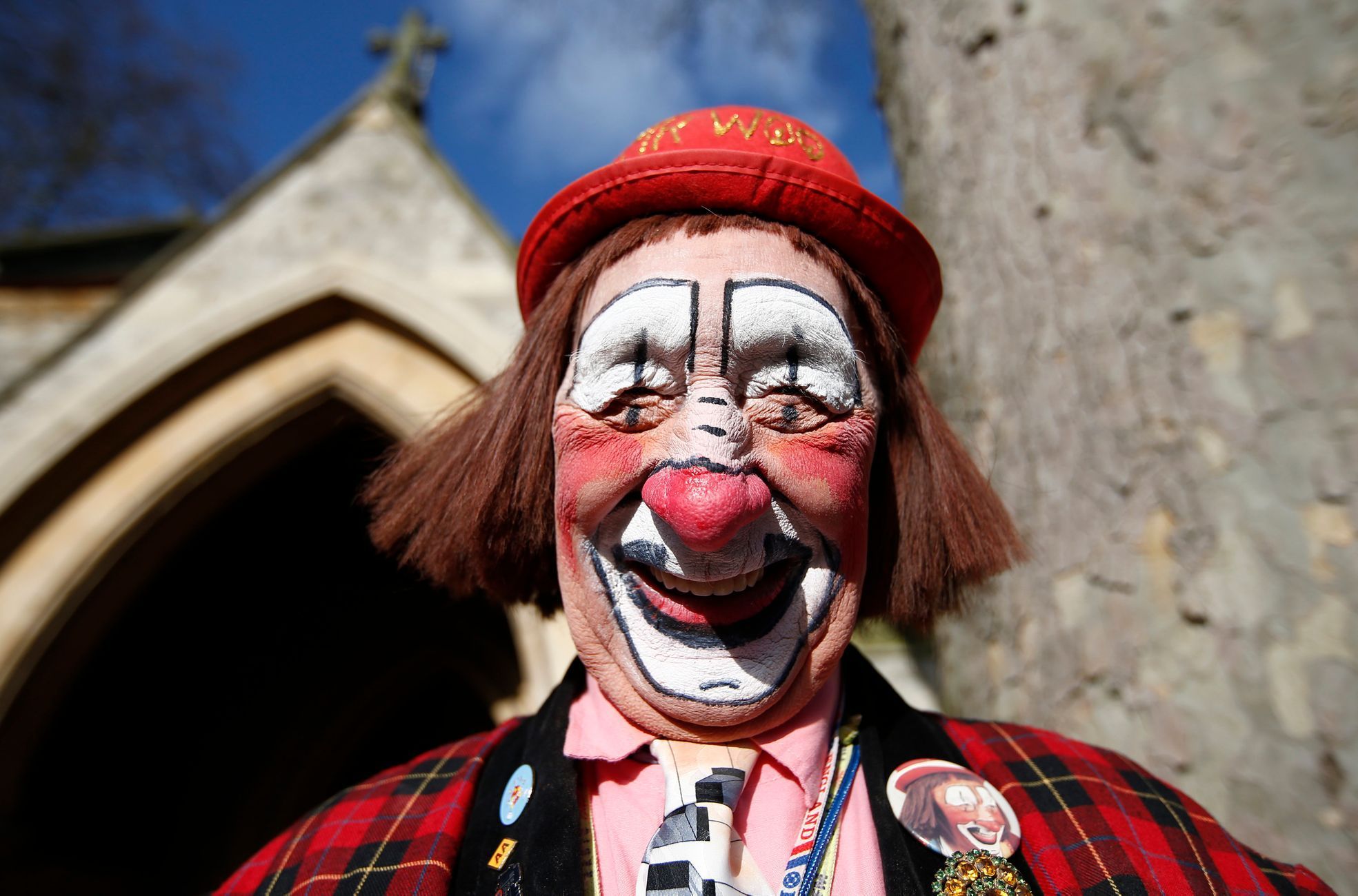 The clown &quot;Mr. Woo&quot; arrives at the All Saints Church before the Grimaldi clown service in Dalston, north London