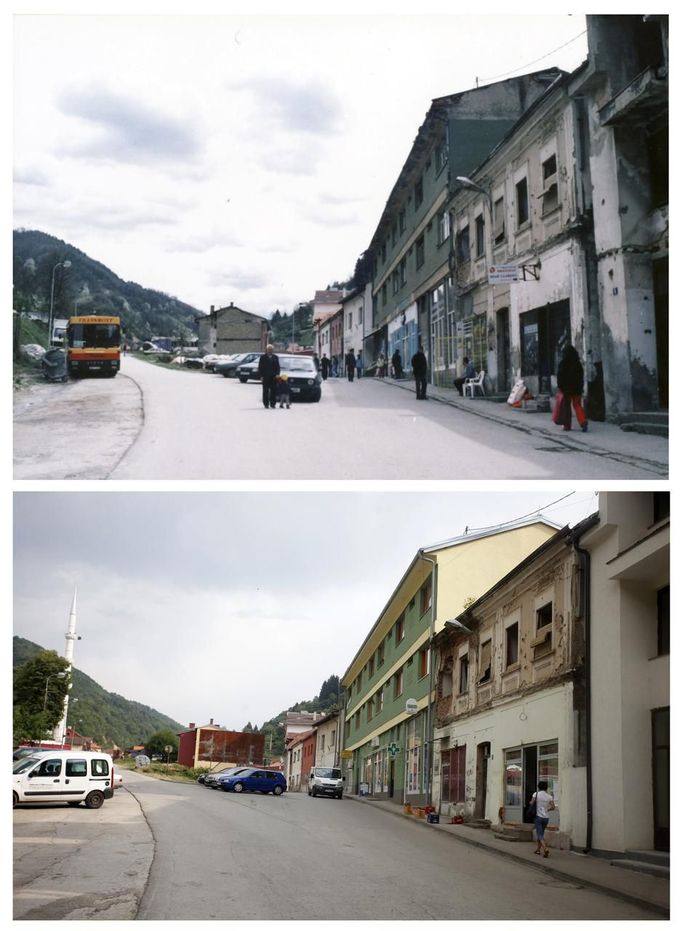 A combination of pictures show a main street in the year 1998 (at top) and in 2012 (at bottom) after the Srebrenica massacre in Srebrenica. During the war, Bosnian Serb forces commanded by General Ratko Mladic killed up to 8000 Muslim men and boys in the Srebrenica area. Bosnian Serb army commander Mladic, who personally witnessed the capture of Srebrenica, was arrested in Serbia in May 2011 after 16 years on the run. He is accused of genocide for orchestrating the massacre and for his role in the siege of Bosnia's capital Sarajevo. Some 520 recently discovered Bosnian Muslim victims' remains from the Srebrenica massacre will be buried on July 11 at the Memorial center in Potocari. The International Commission for Missing Persons has so far identified more than 7,000 Srebrenica victims. REUTERS/Staff (BOSNIA AND HERZEGOVINA - Tags: CITYSPACE CIVIL UNREST CRIME LAW CONFLICT) Published: Čec. 9, 2012, 5:12 odp.