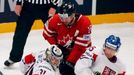 Hokej, MS 2013, Česko - Kanada: Ondřej Pavelec a Jan Hejda - Andrew Ladd