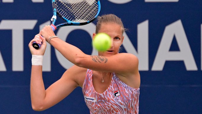 Aug 7, 2023; Montreal, Quebec, Canada; Karolina Pliskova (CZE) serves against Lin Zhu (CHN) in first round play at IGA Stadium. Mandatory Credit: Eric Bolte-USA TODAY Spo